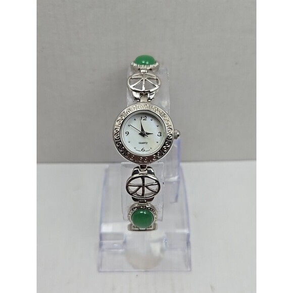 Avon Green Cabochon Oval Link Bracelet Watch Silver Tone Quartz New Battery main image 4